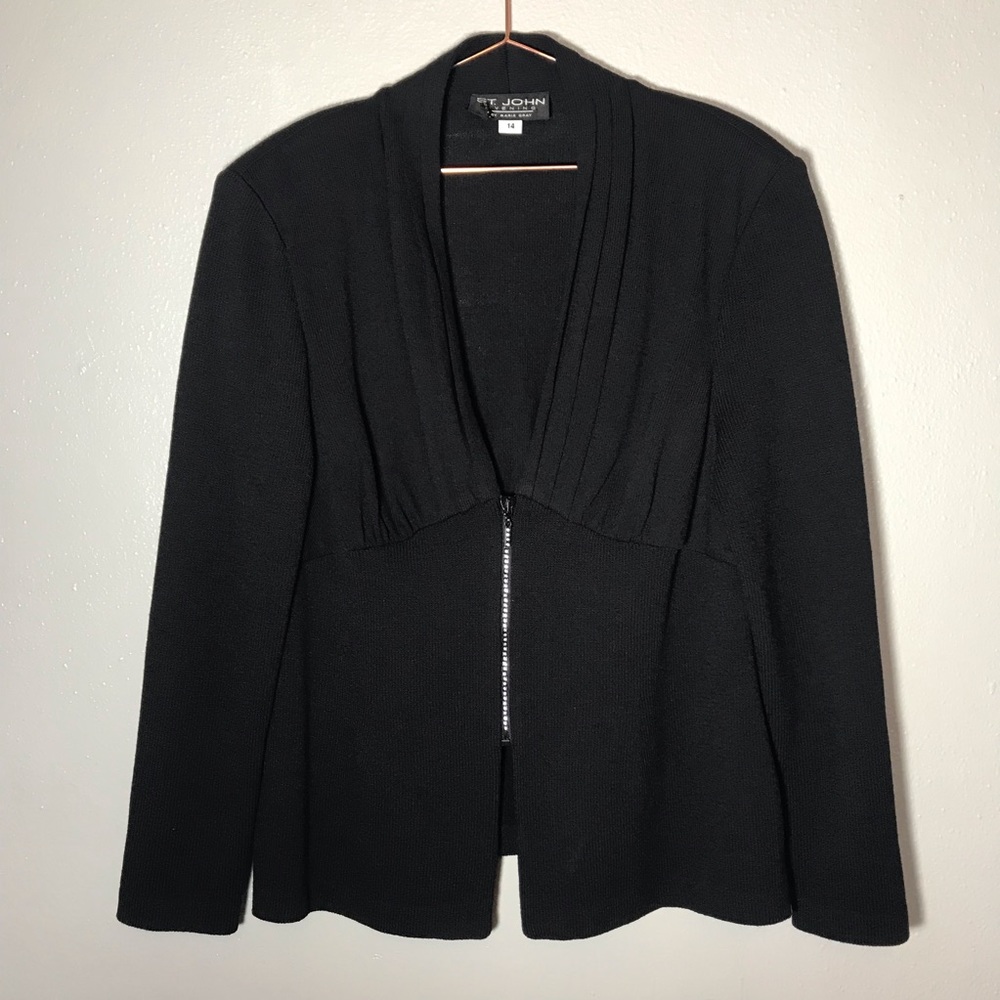 St John evening black v neck zip sweater knit 14